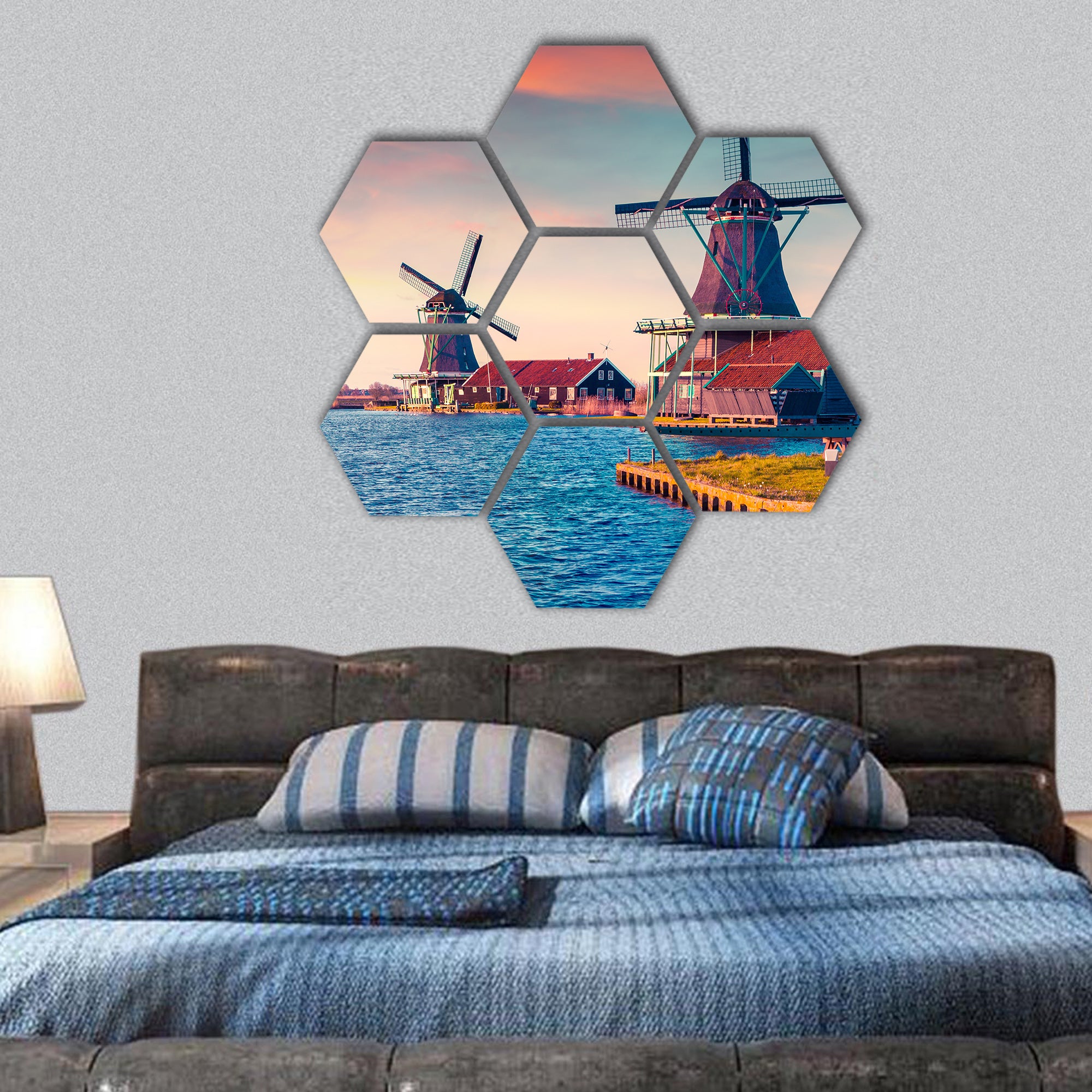 Zaandam mills on the water channel in Zaanstad village hexagonal canvas wall art