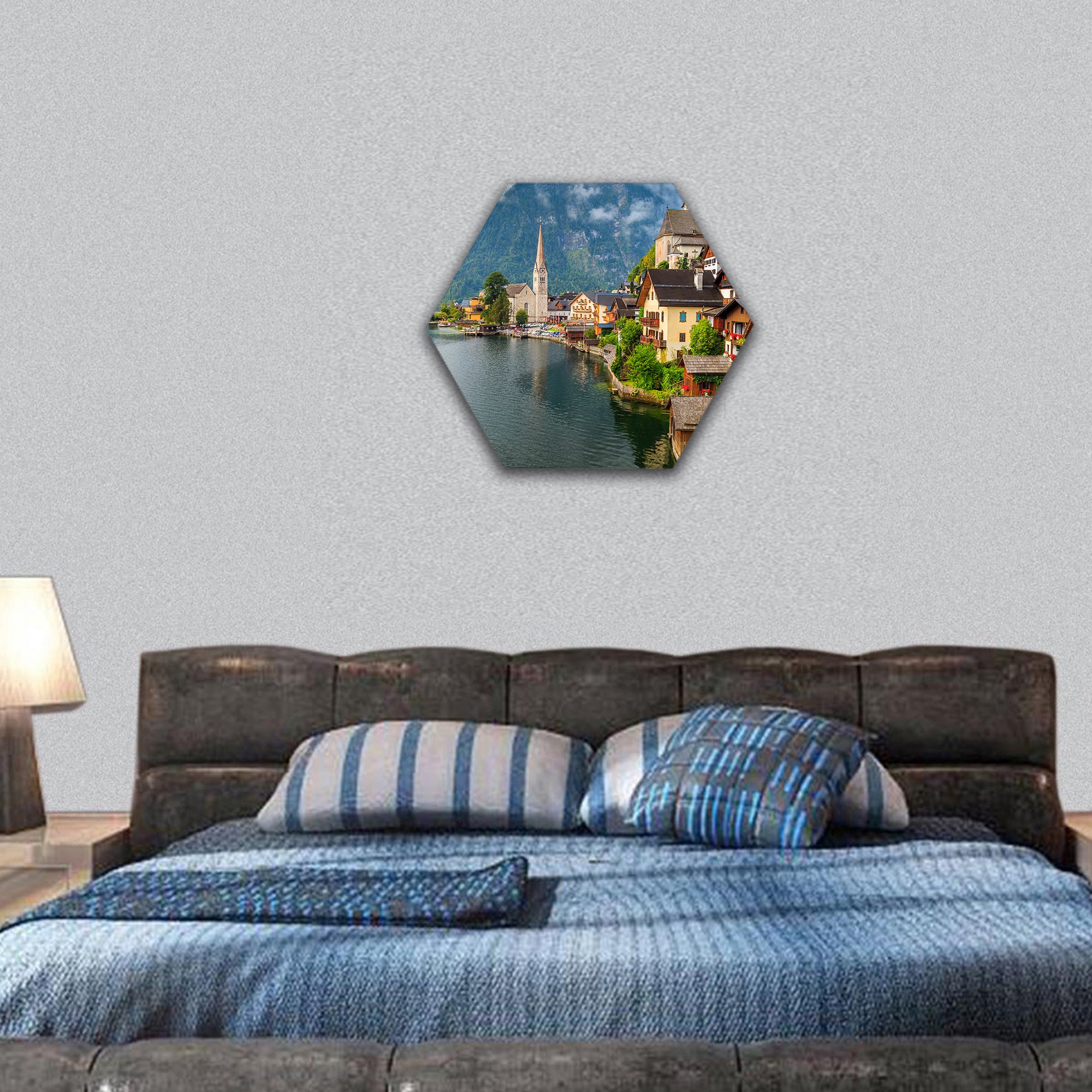 Stunning alpine village with lake on cloudy day,Hallstatt hexagonal canvas wall art