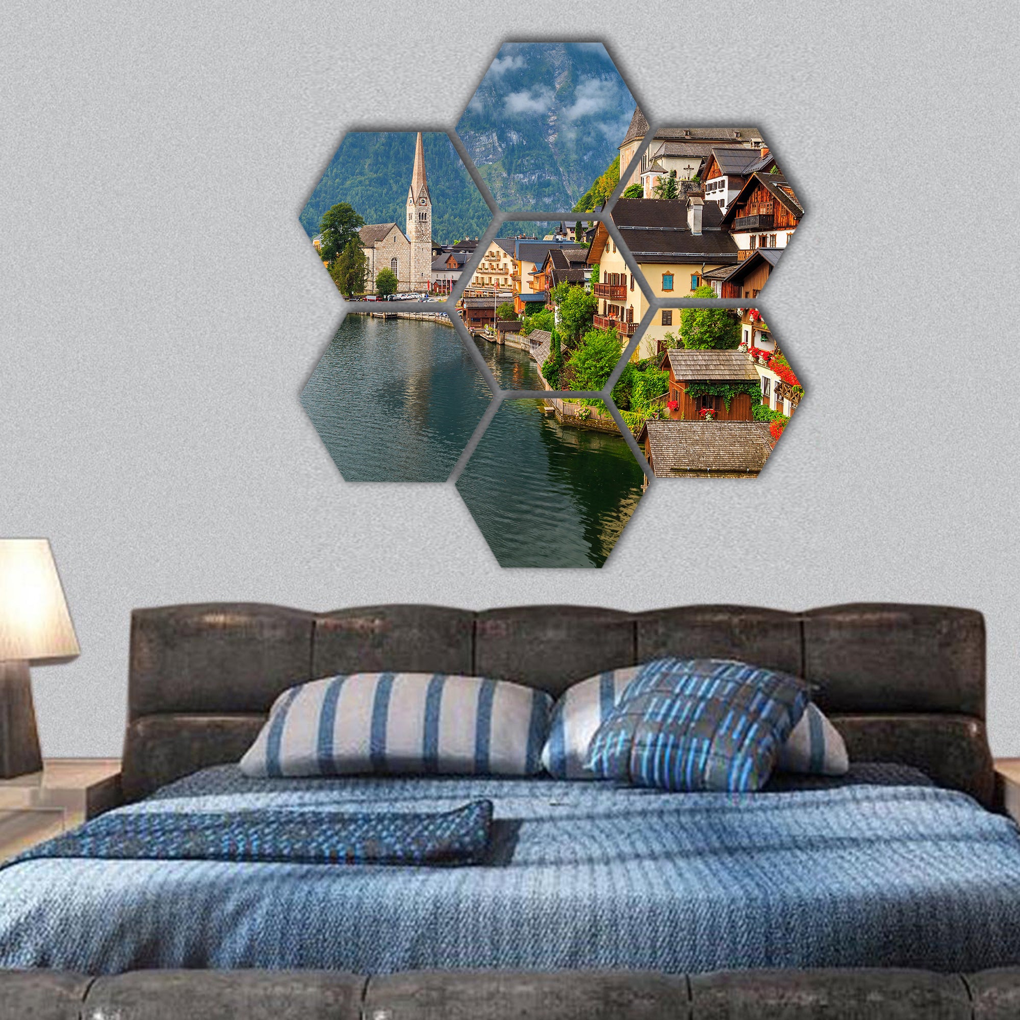 Stunning alpine village with lake on cloudy day,Hallstatt hexagonal canvas wall art