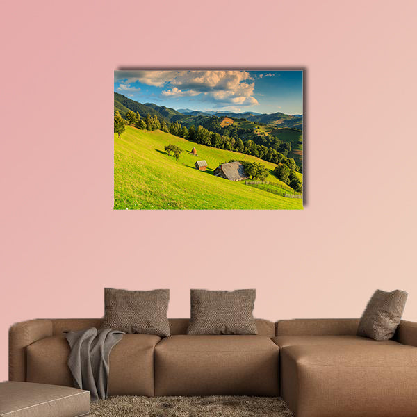 Summer alpine landscape with green fields and valleys, Bran, Transylvania, wall art