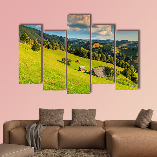 Summer alpine landscape with green fields and valleys, Bran, Transylvania, wall art