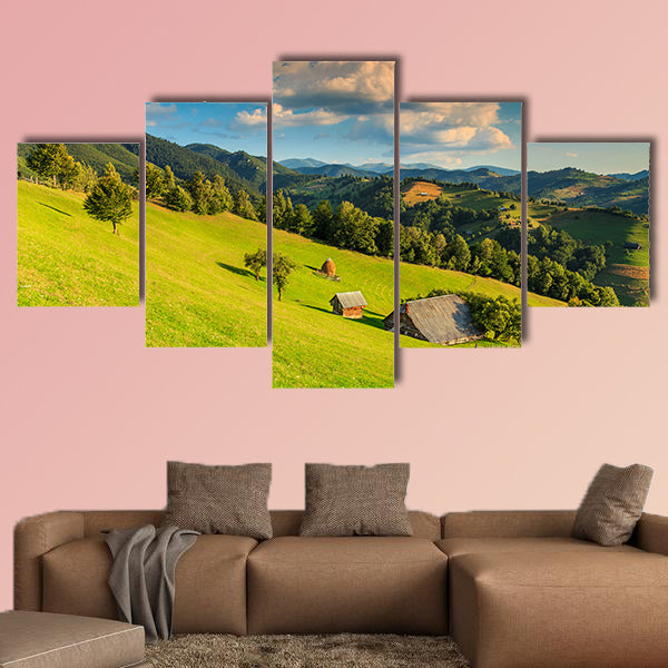 Summer alpine landscape with green fields and valleys, Bran, Transylvania, wall art