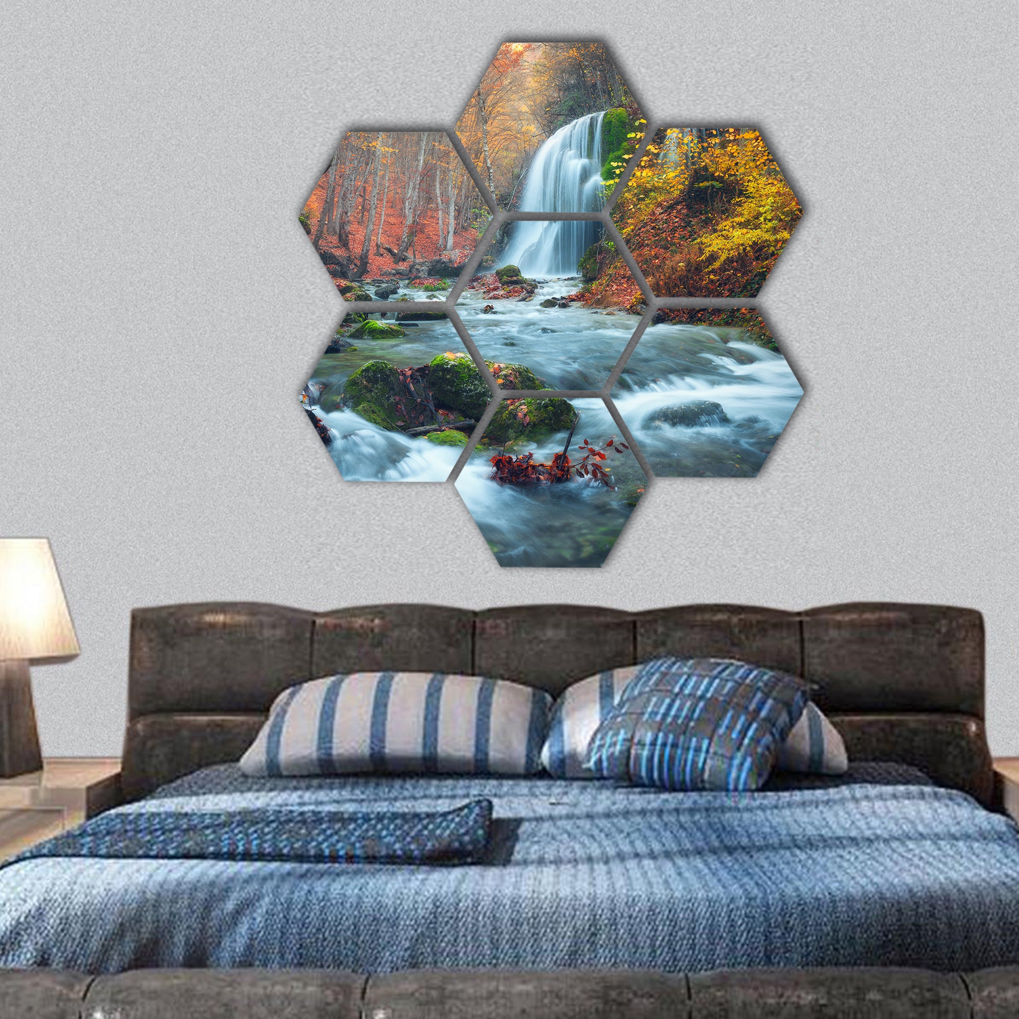 Waterfall in autumn forest in crimean hexagonal canvas wall art