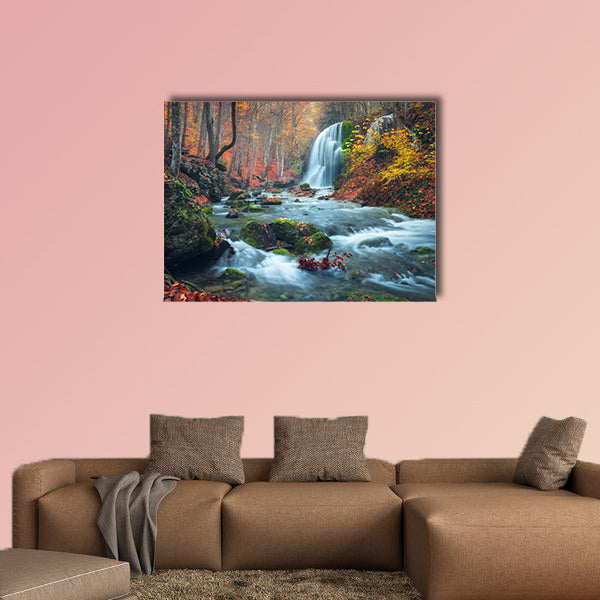 Beautiful waterfall in autumn forest in crimean mountains at sunset  wall art