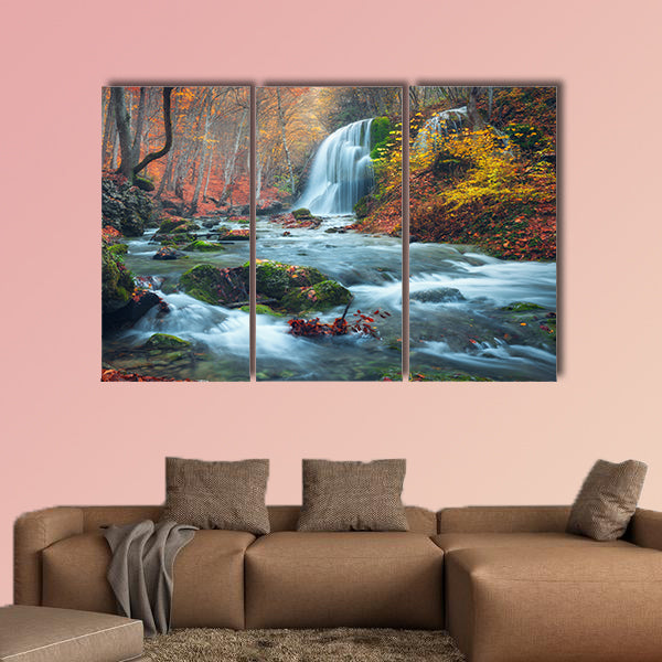 Beautiful waterfall in autumn forest in crimean mountains at sunset  wall art