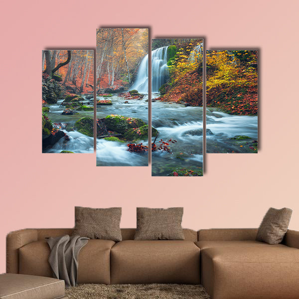Beautiful waterfall in autumn forest in crimean mountains at sunset  wall art