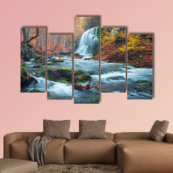 Beautiful waterfall in autumn forest in crimean mountains at sunset  wall art