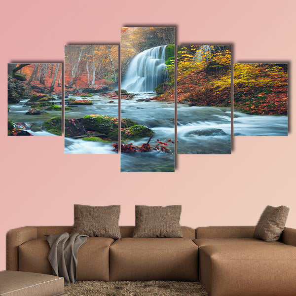 Beautiful waterfall in autumn forest in crimean mountains at sunset  wall art
