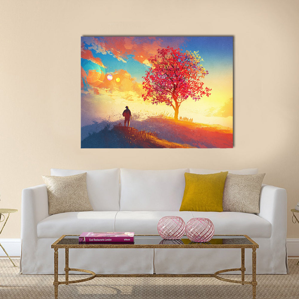 Autumn landscape with alone tree on mountain Multi Panel Canvas Wall Art