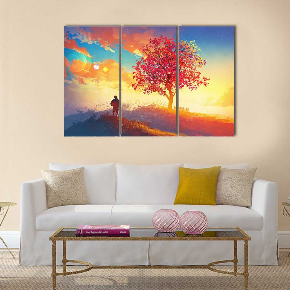 Autumn landscape with alone tree on mountain Multi Panel Canvas Wall Art