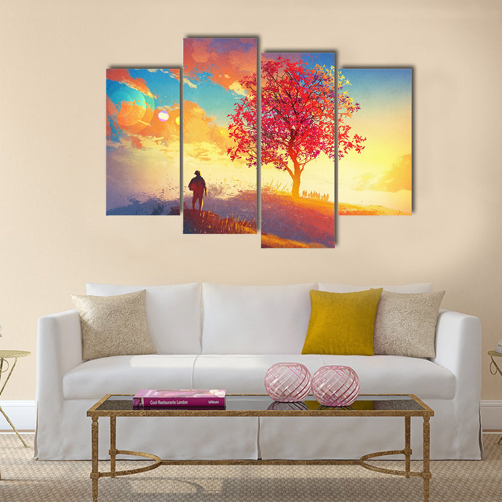 Autumn landscape with alone tree on mountain Multi Panel Canvas Wall Art