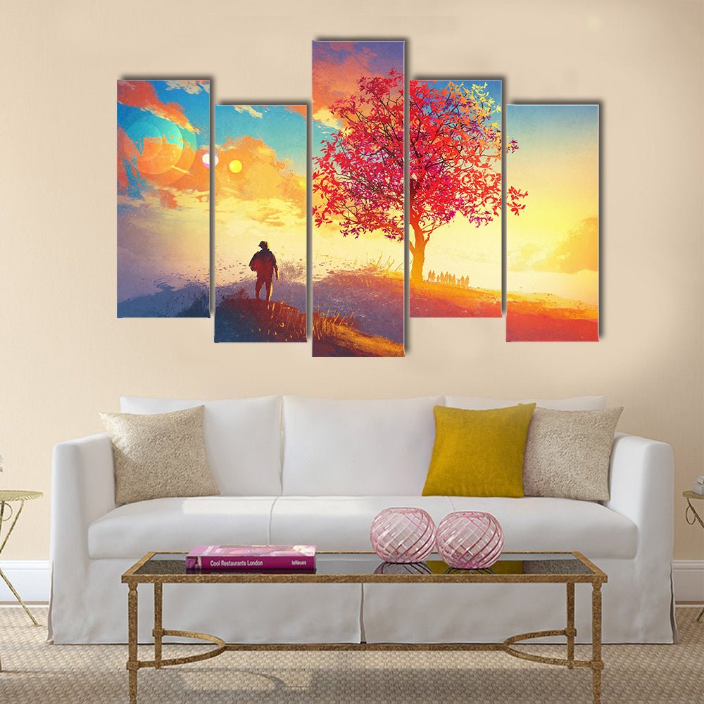 Autumn landscape with alone tree on mountain Multi Panel Canvas Wall Art