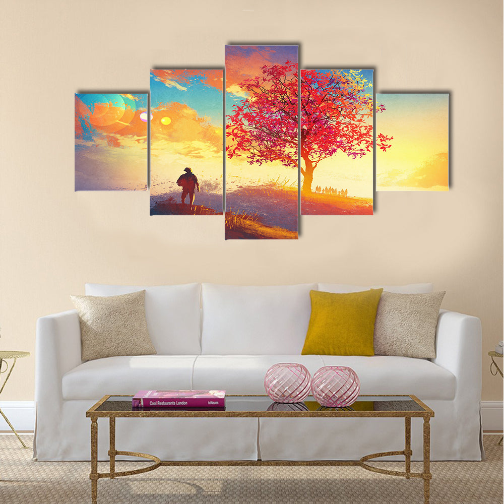 Autumn landscape with alone tree on mountain Multi Panel Canvas Wall Art