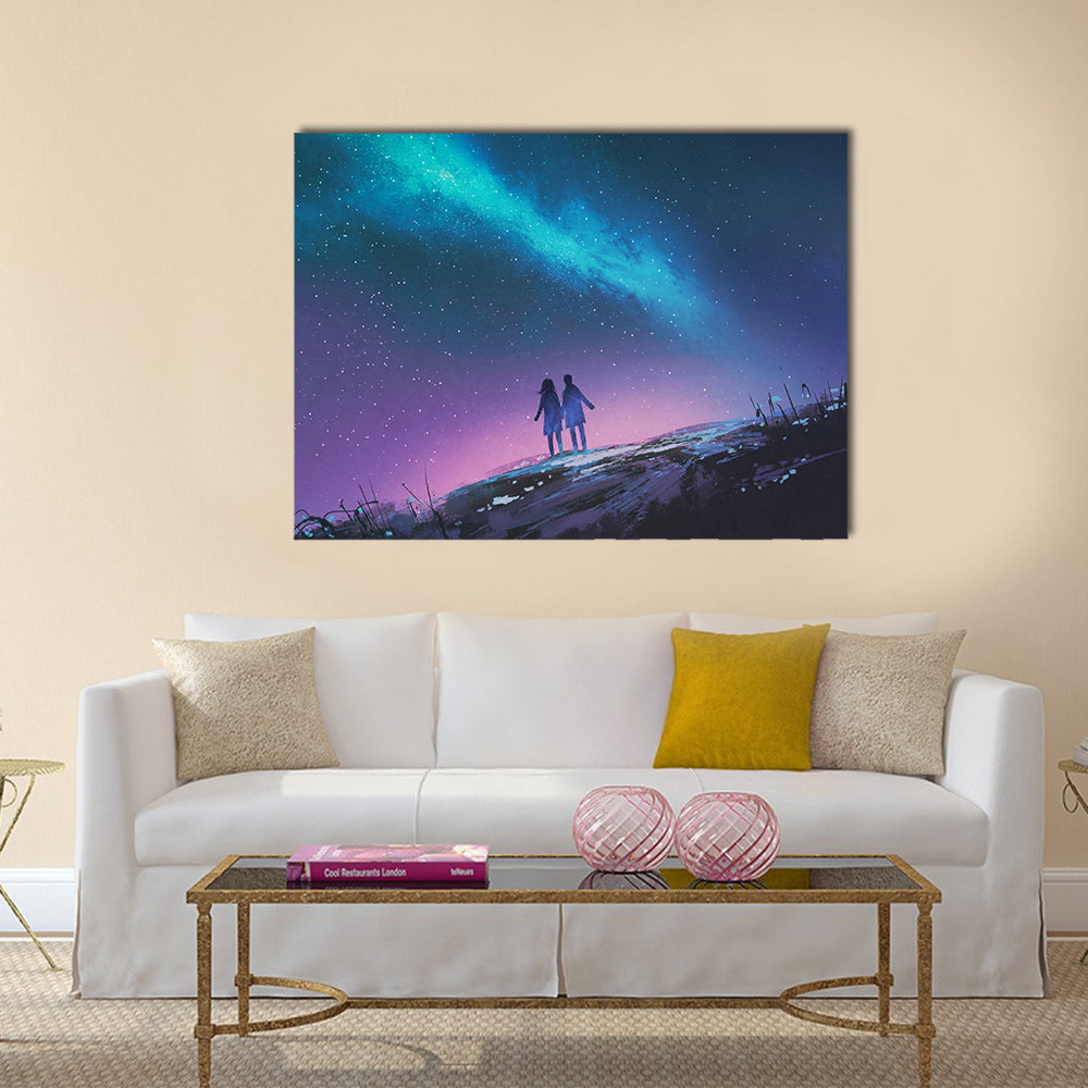 Young couple standing holding hands against the Milky Way galaxy Multi Panel Canvas Wall Art