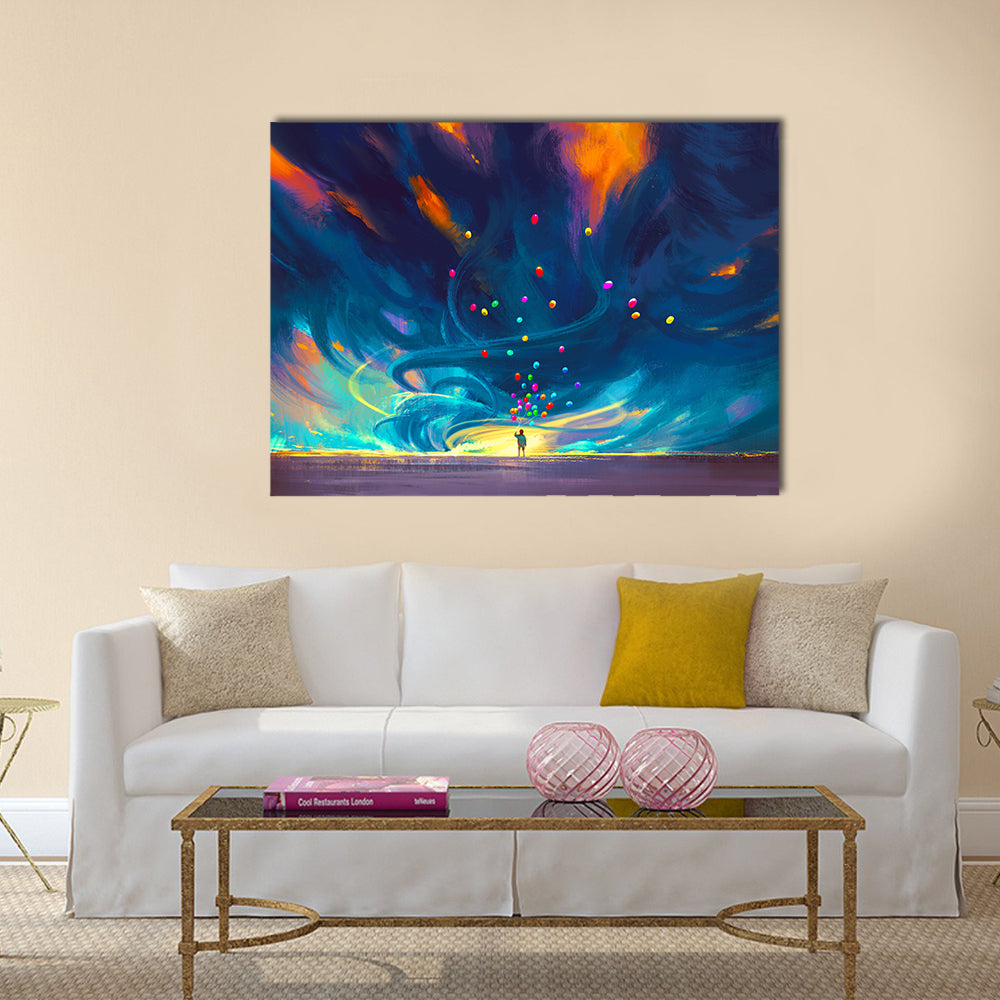 Child holding balloons standing in front of fantasy storm Multi Panel Canvas Wall Art