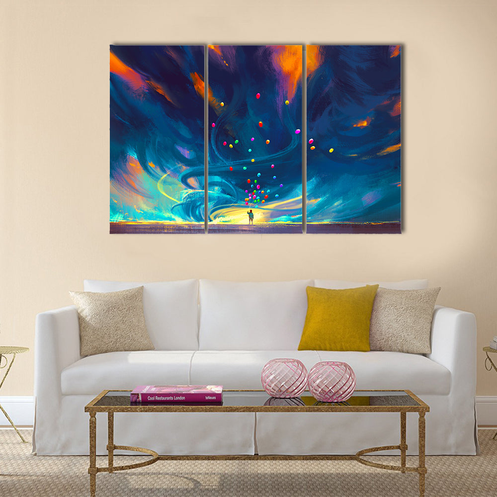 Child holding balloons standing in front of fantasy storm Multi Panel Canvas Wall Art