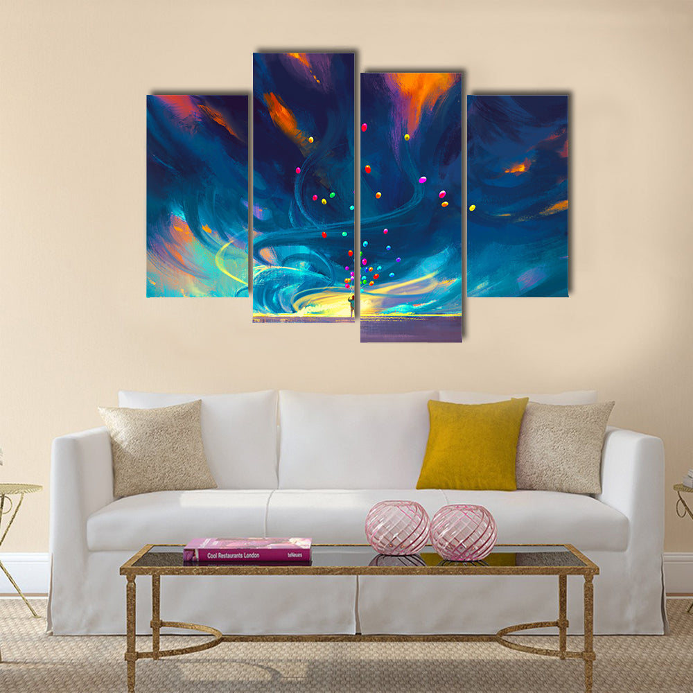 Child holding balloons standing in front of fantasy storm Multi Panel Canvas Wall Art