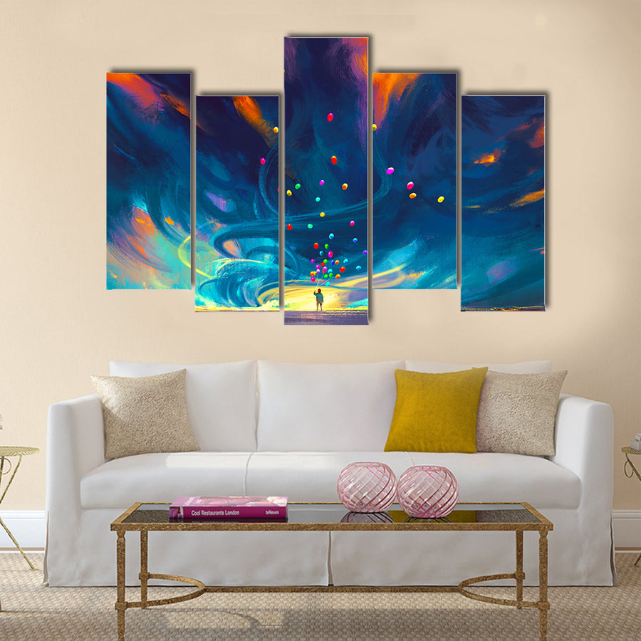 Child holding balloons standing in front of fantasy storm Multi Panel Canvas Wall Art
