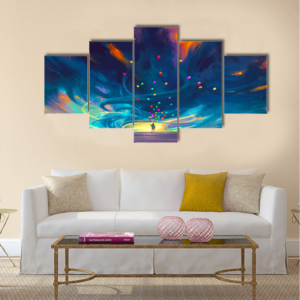 Child holding balloons standing in front of fantasy storm Multi Panel Canvas Wall Art