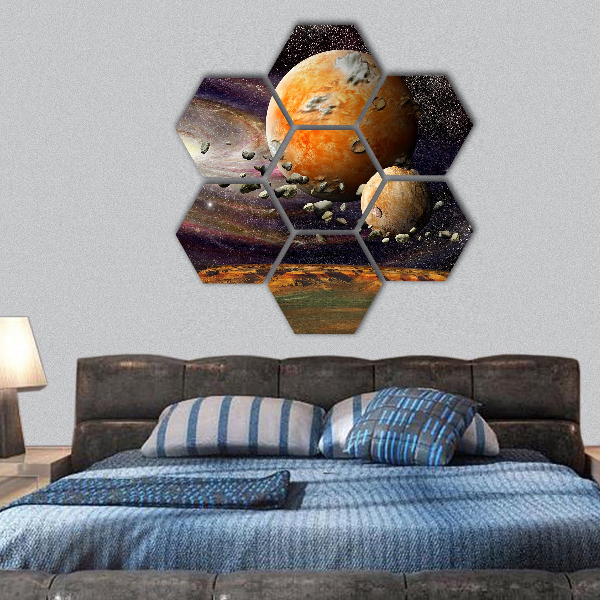 View of the mountains Earth from space alien planet  hexagonal canvas wall art