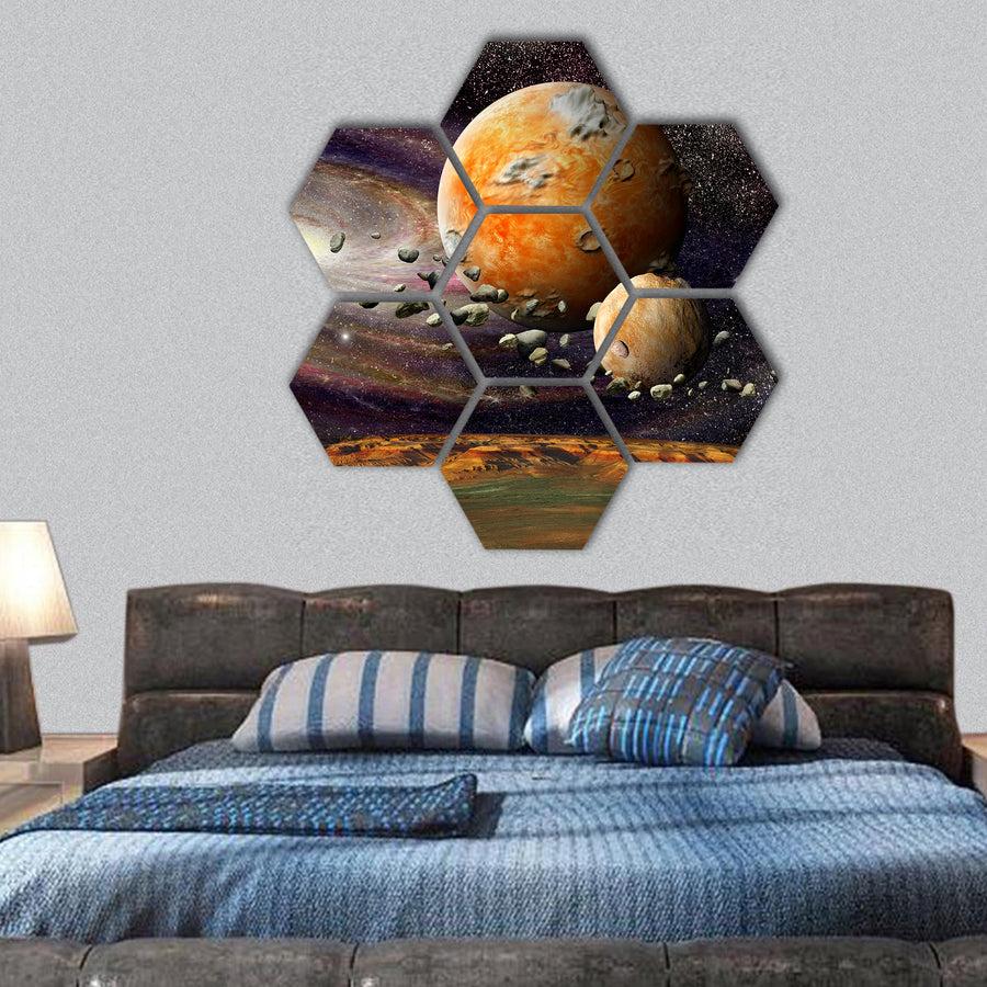 View of the mountains Earth from space alien planet  hexagonal canvas wall art