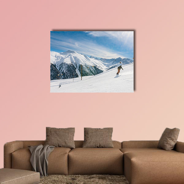 Skiers on the slope of Ski resort Livigno. Italy Multi panel canvas wall art