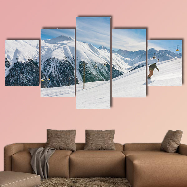Skiers on the slope of Ski resort Livigno. Italy Multi panel canvas wall art