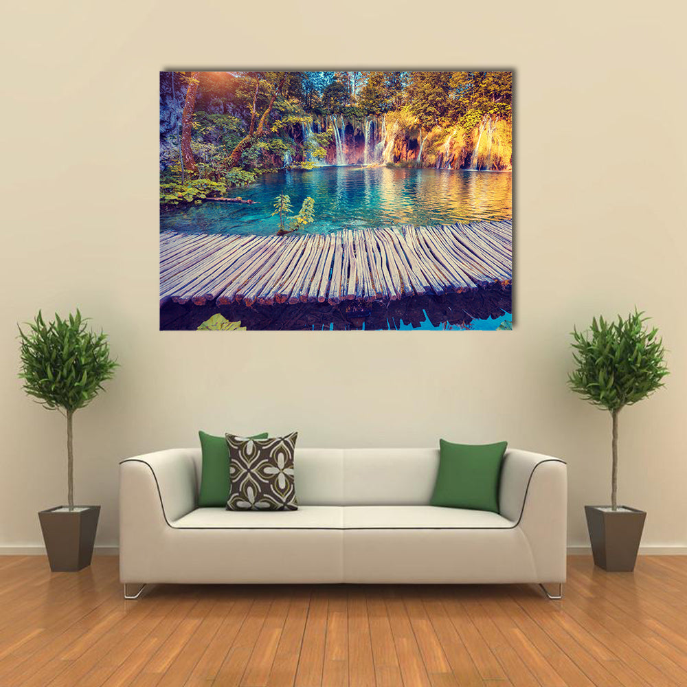 Majestic view on turquoise water and sunny beams in the Plitvice Lakes National Park, Croatia multi panel canvas wall art