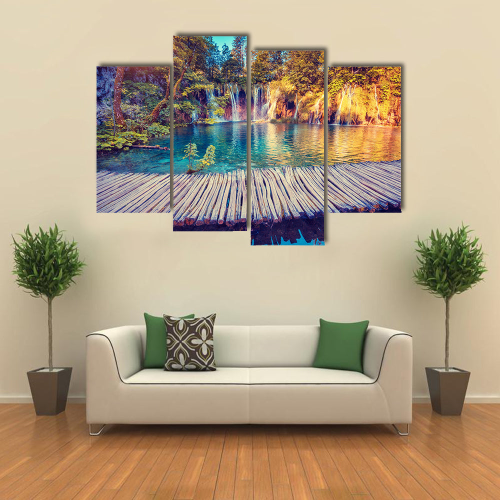 Majestic view on turquoise water and sunny beams in the Plitvice Lakes National Park, Croatia multi panel canvas wall art
