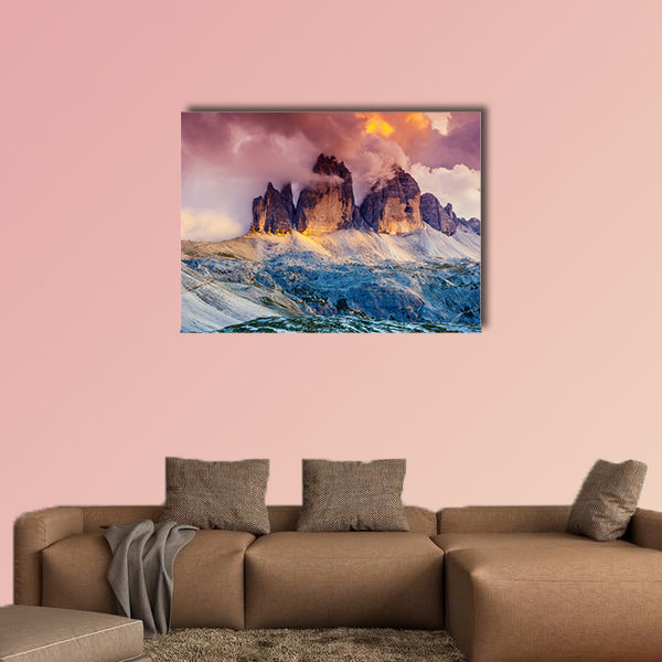 Majestic foggy view of the National Park Tre Cime di Lavaredo canvas wall art