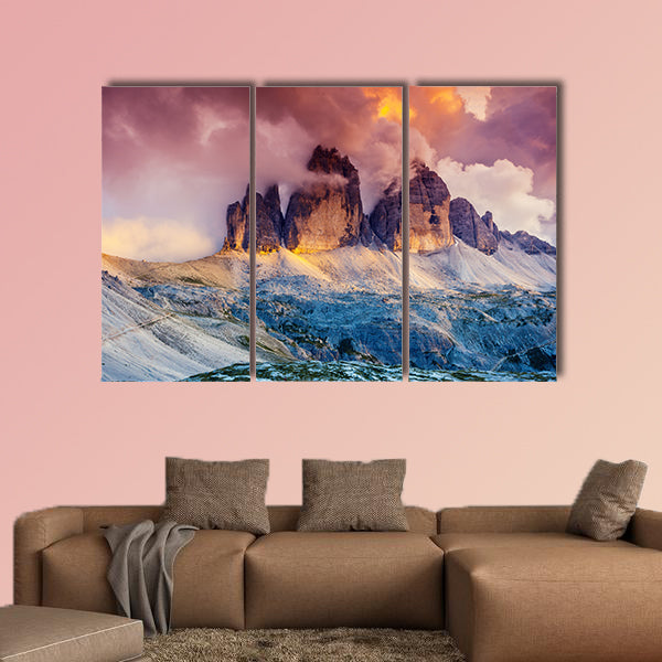 Majestic foggy view of the National Park Tre Cime di Lavaredo canvas wall art