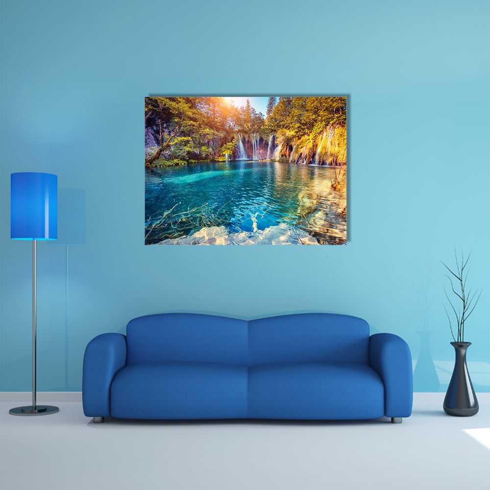 Majestic View On Turquoise Water And Sunny Beams In The Plitvice Lakes National Park Croatia Multi Panel Canvas Wall Art
