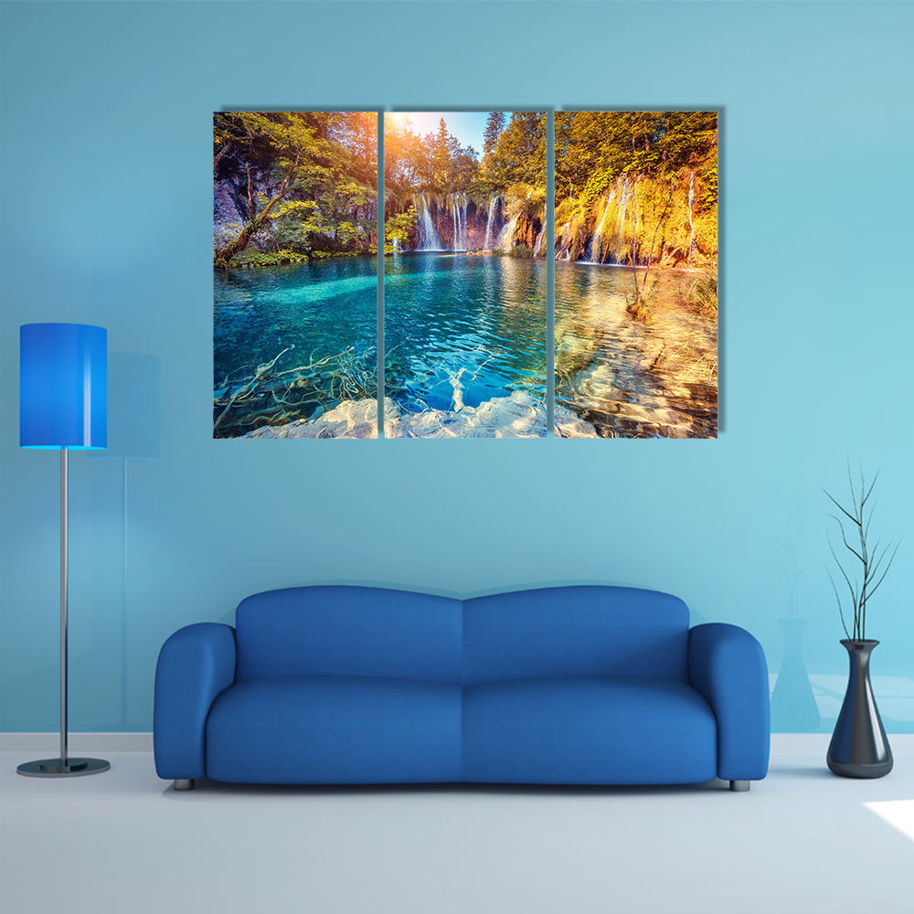 Majestic View On Turquoise Water And Sunny Beams In The Plitvice Lakes National Park Croatia Multi Panel Canvas Wall Art