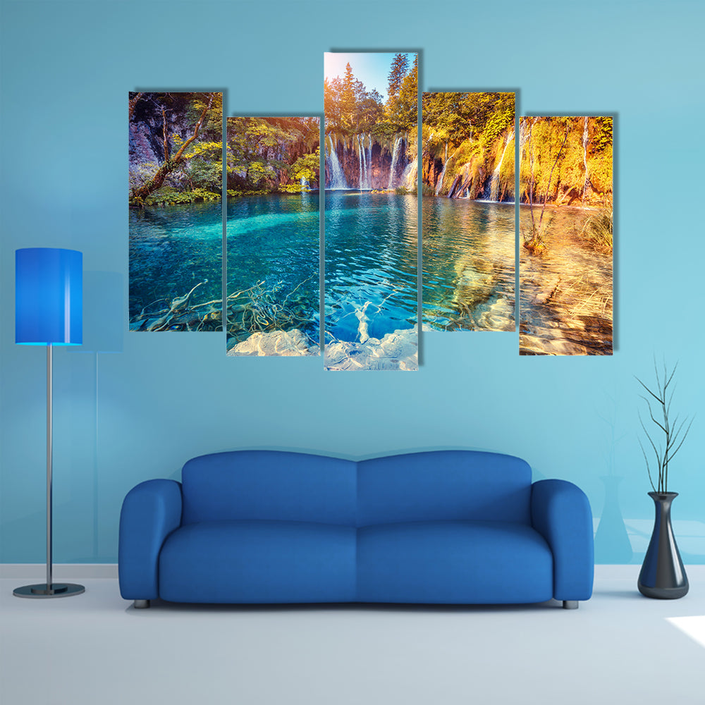 Majestic View On Turquoise Water And Sunny Beams In The Plitvice Lakes National Park Croatia Multi Panel Canvas Wall Art