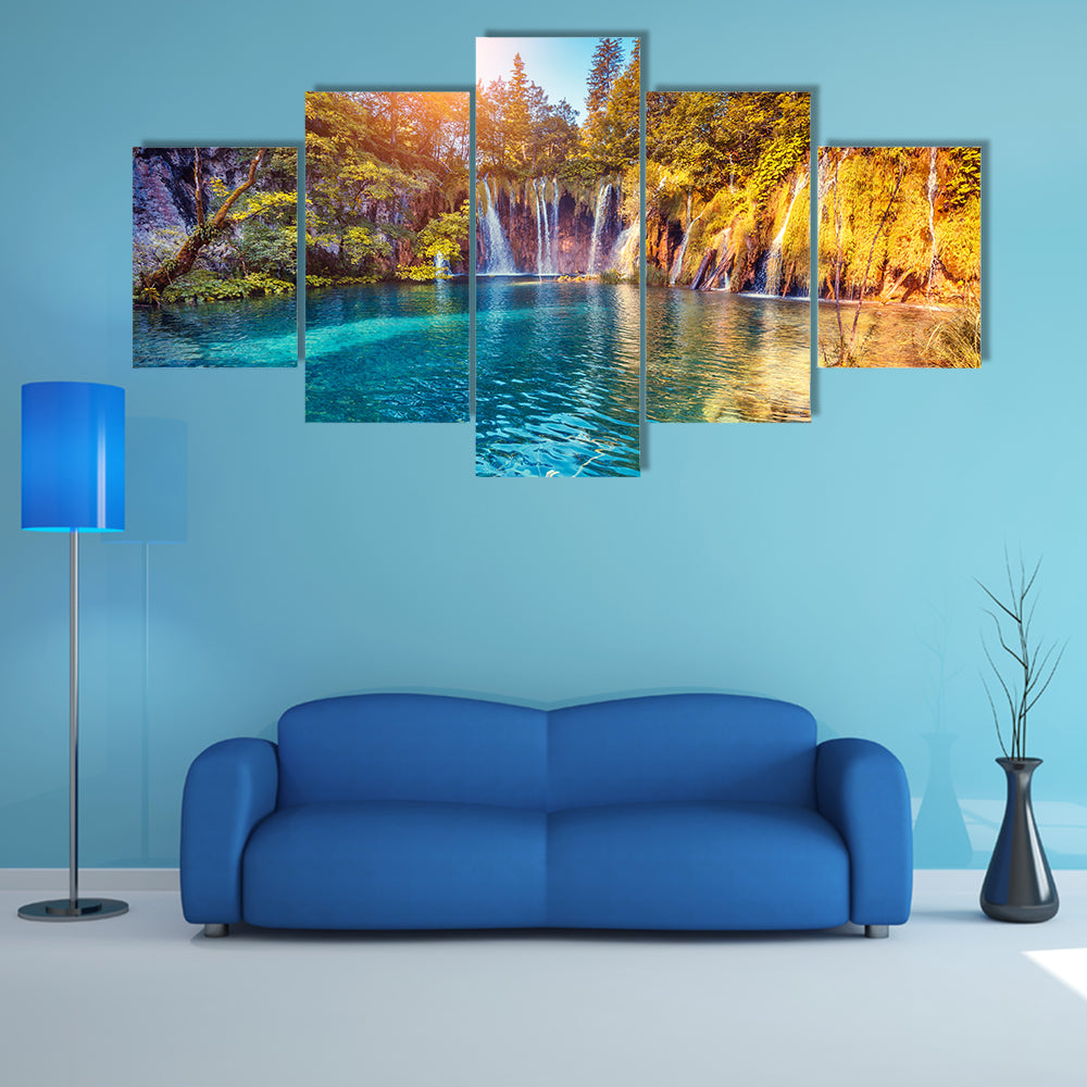 Majestic View On Turquoise Water And Sunny Beams In The Plitvice Lakes National Park Croatia Multi Panel Canvas Wall Art