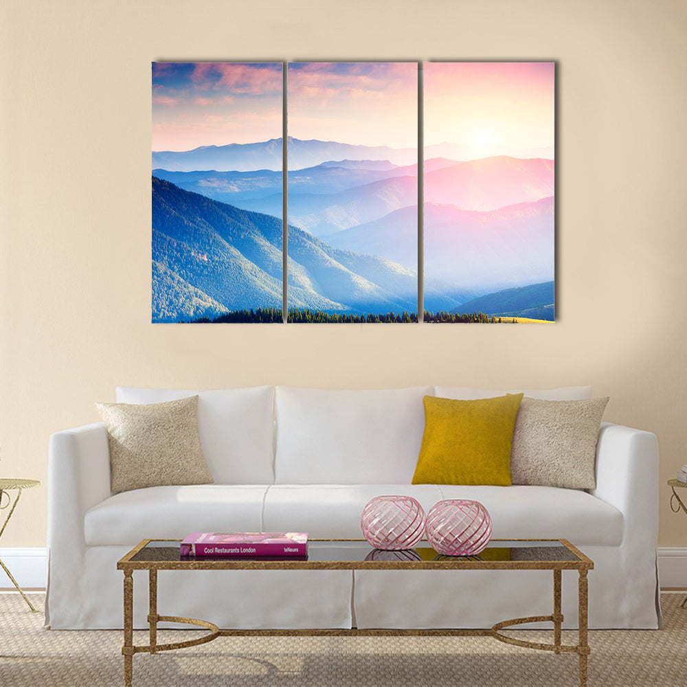 Majestic panorama of green mountains with sunny beams Multi panel canvas wall art