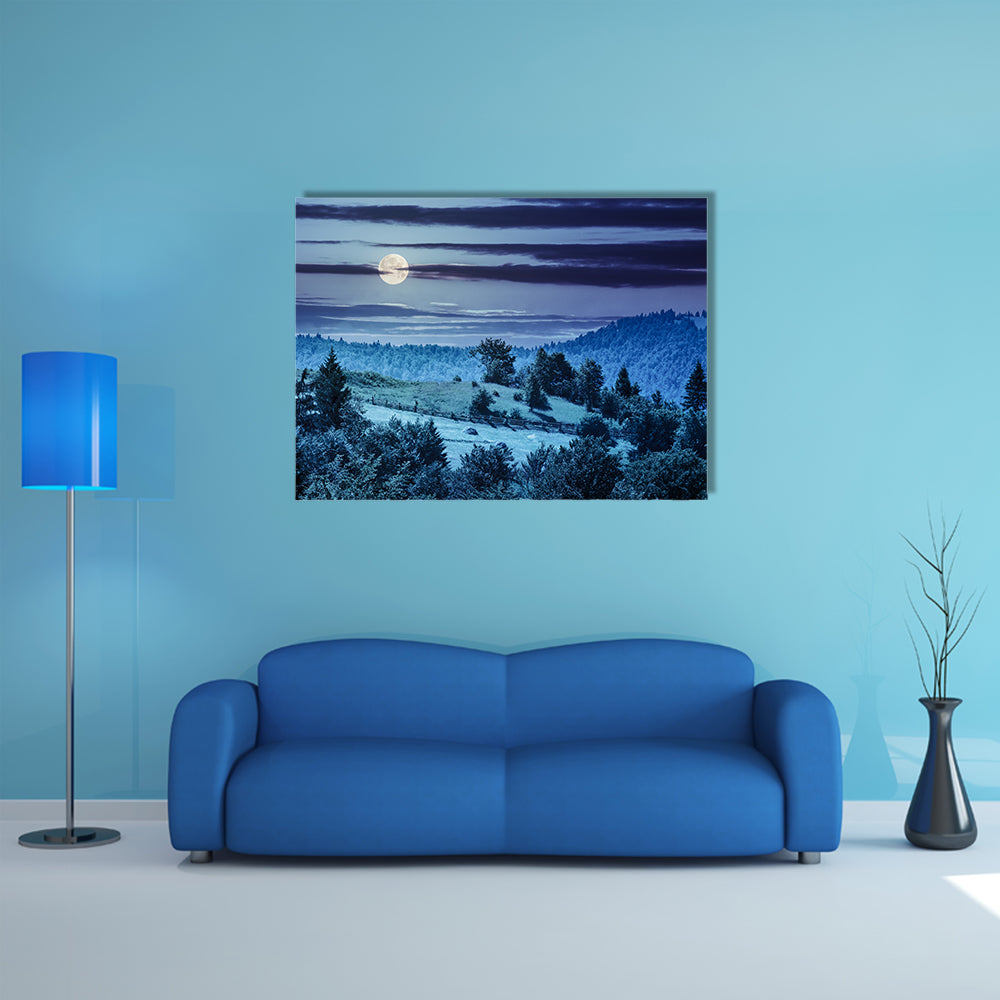 A Fence On The Hillside Meadow Near A Forest On The Mountain Slope At Night In Full Moonlight Multi Panel Canvas Wall Art