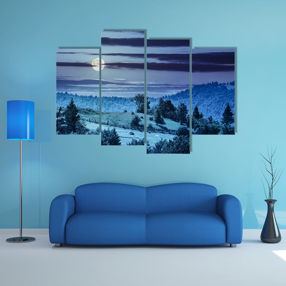 A Fence On The Hillside Meadow Near A Forest On The Mountain Slope At Night In Full Moonlight Multi Panel Canvas Wall Art