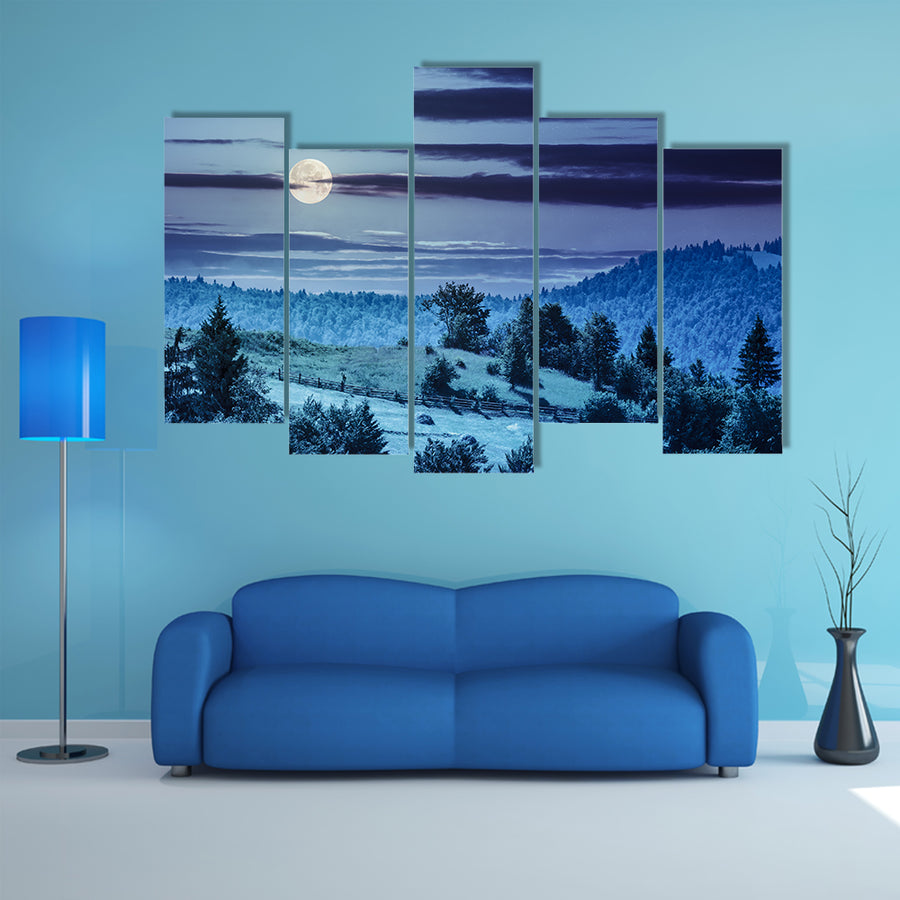 A Fence On The Hillside Meadow Near A Forest On The Mountain Slope At Night In Full Moonlight Multi Panel Canvas Wall Art