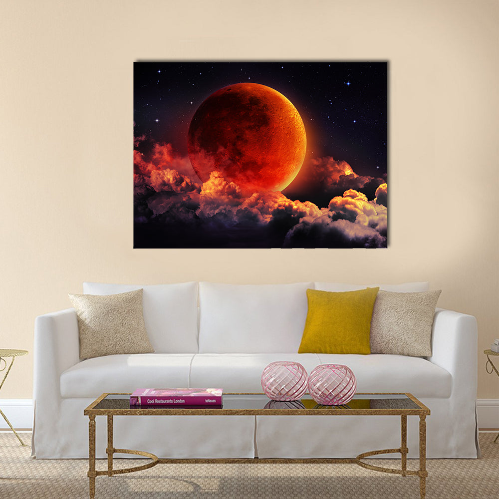 moon eclipse planet red blood with clouds Multi Panel Canvas Wall Art