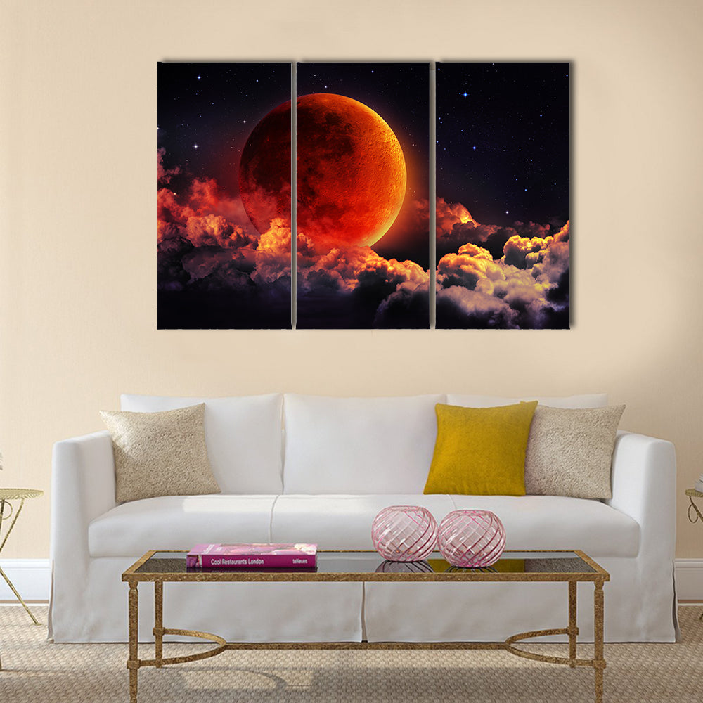moon eclipse planet red blood with clouds Multi Panel Canvas Wall Art