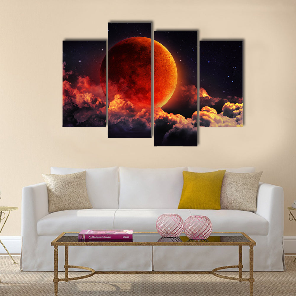moon eclipse planet red blood with clouds Multi Panel Canvas Wall Art