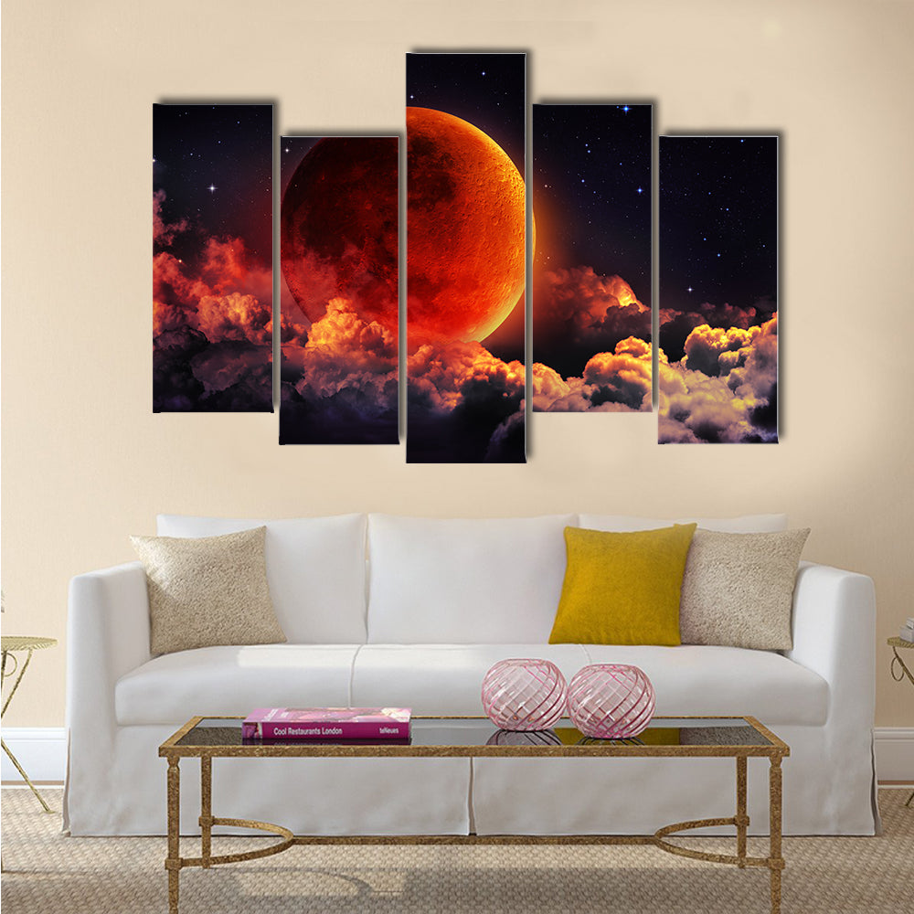 moon eclipse planet red blood with clouds Multi Panel Canvas Wall Art