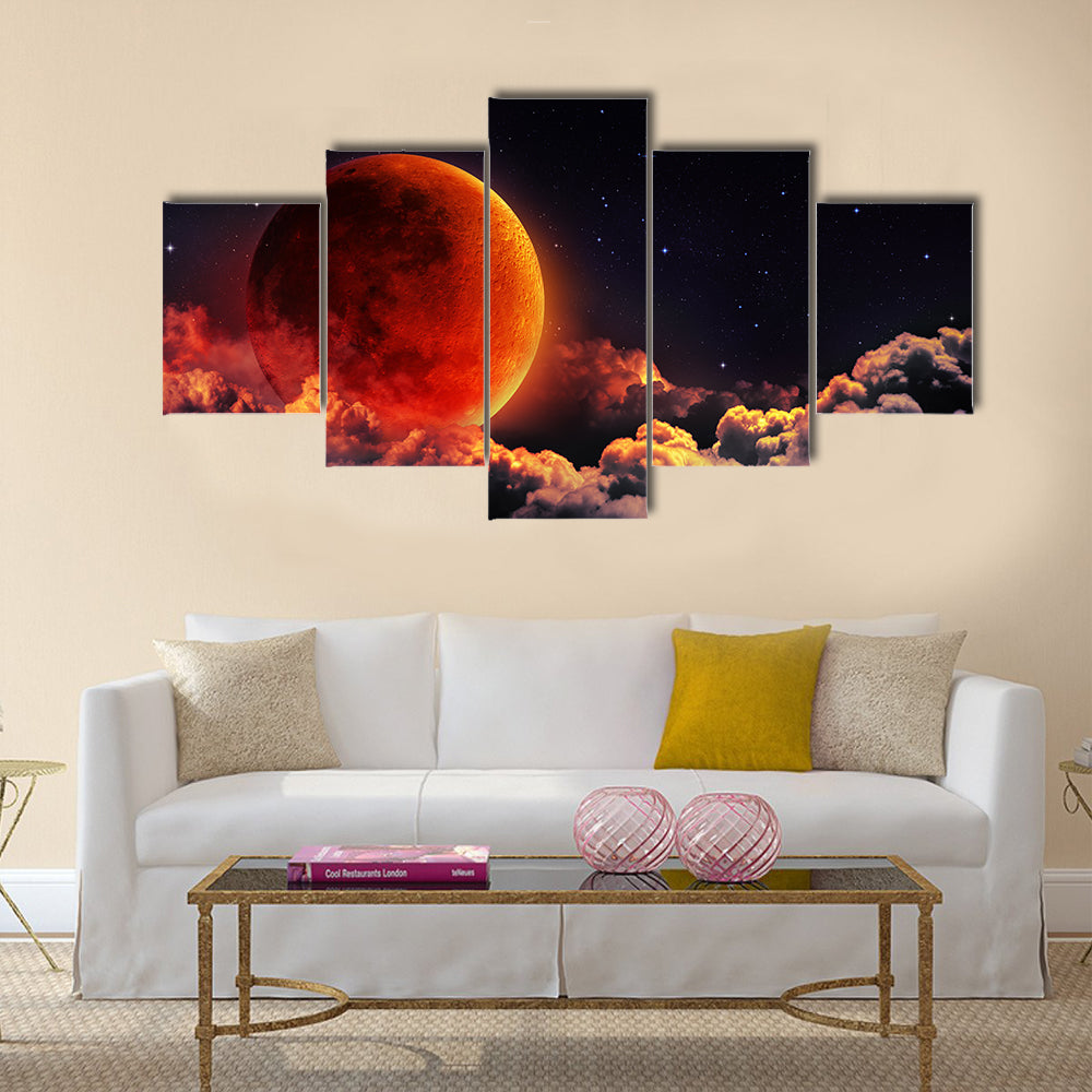 moon eclipse planet red blood with clouds Multi Panel Canvas Wall Art