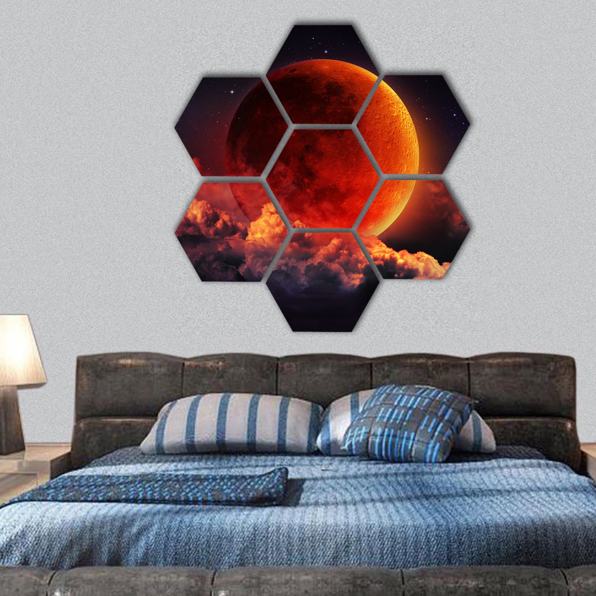 moon eclipse - planet red blood with clouds hexagonal canvas wall art
