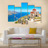 Amazing view on remote church with red roofing on the Cliff of the sea, Greece Multi Panel Canvas Wall Art