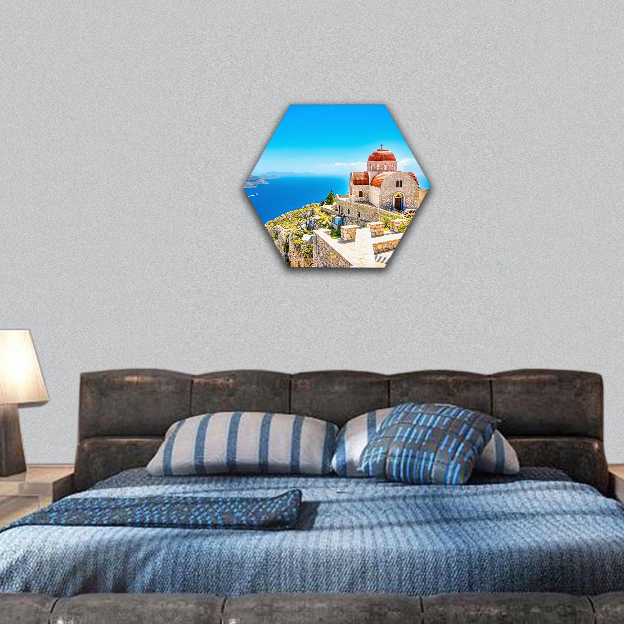 remote church with red roofing on Cliff of the sea, Greece hexagonal canvas wall art