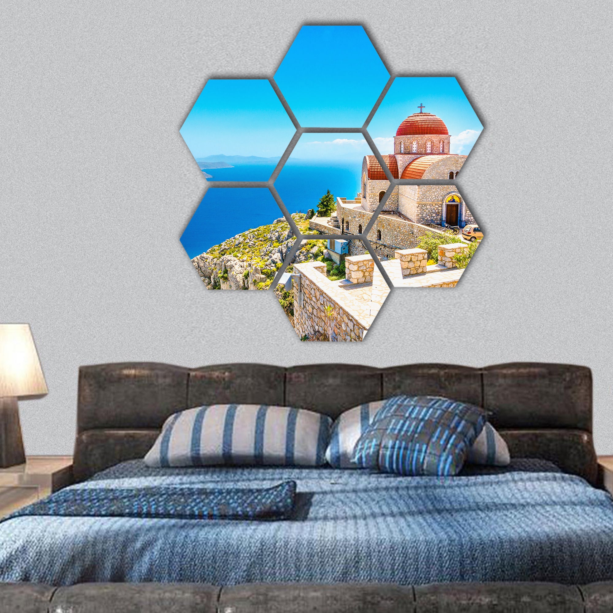 remote church with red roofing on Cliff of the sea, Greece hexagonal canvas wall art