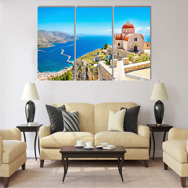 Amazing view on remote church with red roofing Multi Panel Canvas Wall Art