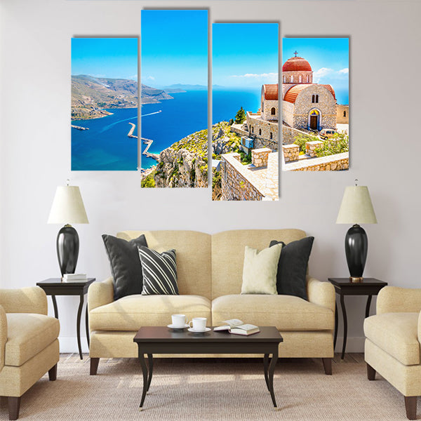 Amazing view on remote church with red roofing Multi Panel Canvas Wall Art